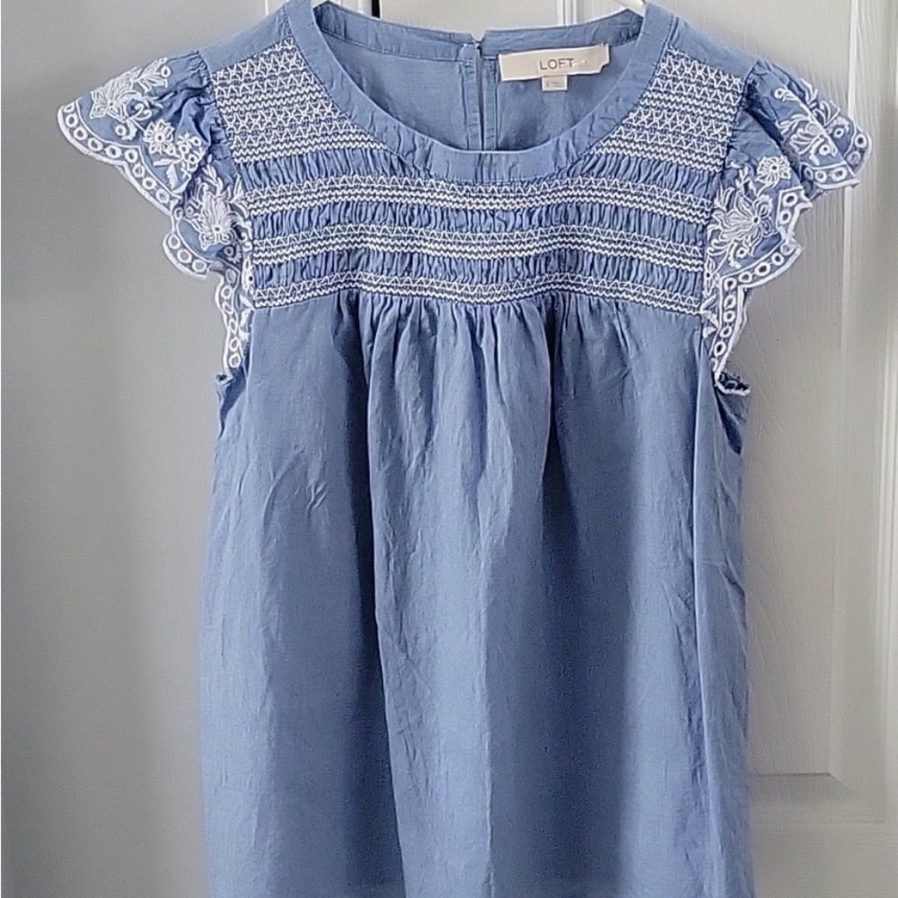 LOFT Blue Embroidered Flutter Sleeve Blouse Small